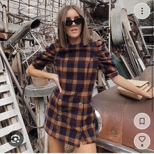 Tularosa Blue and Orange Plaid Print Puff Sleeve Mini Dress